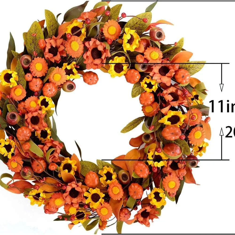 Fall Wreath Artificial Pumpkin Wreath Green Leaves for‎ Front Door Autumn Wreath